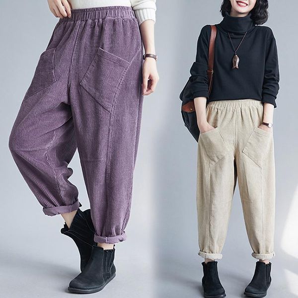 

women's pants & capris corduroy pure color big yards dress slacks fat mm elastic waist trousers feet haroun thick legs down his, Black;white