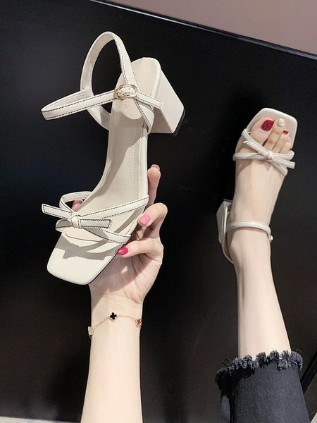 

summer korean version square head wild thick root roman shoes sandals, Black