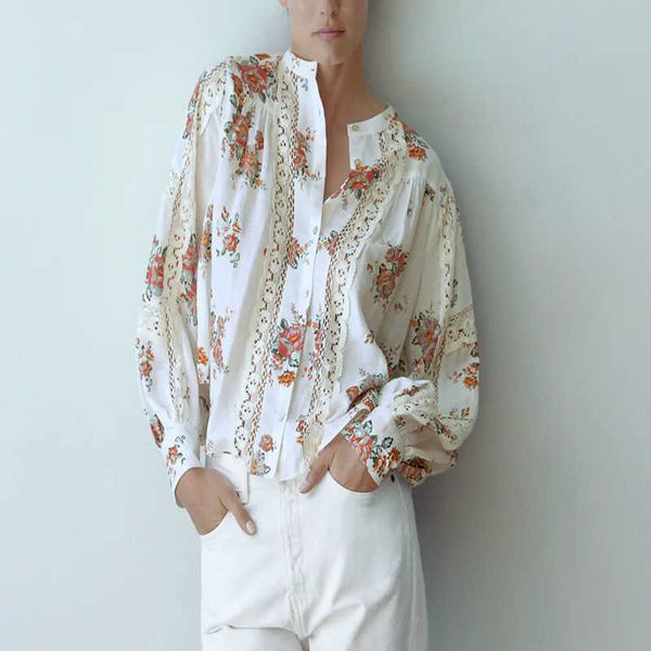 

flower print lace za shirt women o-neck long sleeve front button vintage blouse female high street hollow out 210602, White