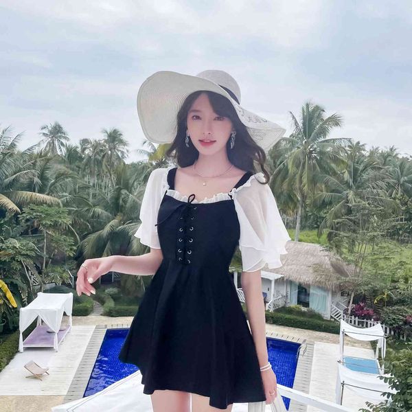 

split swimsuit female conservative 2021 new spring cover belly show thin swimsuit flat angle skirt student fairy model, White;black