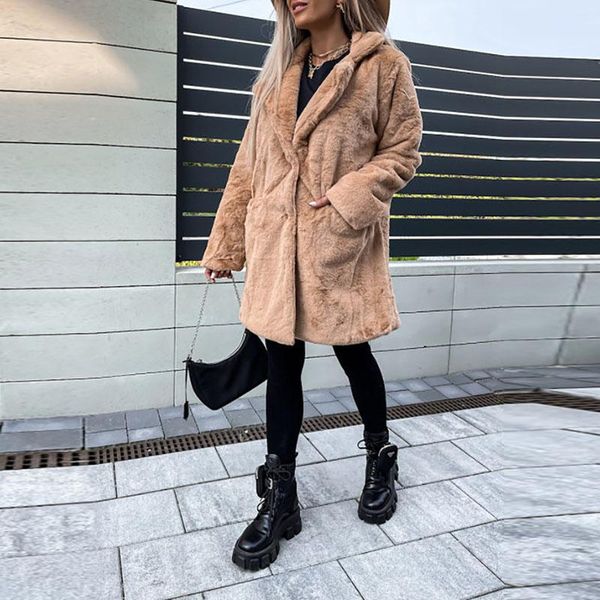

women's jackets fall winter warm casual turn-down collar furry coat women fashion single breasted button office coats long sleeve cardi, Black;brown
