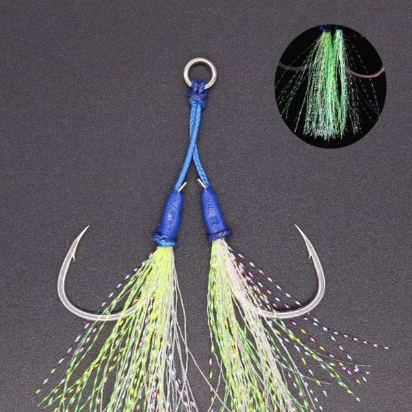 

luminous double assist hooks slow jigging with glow feather fishing
