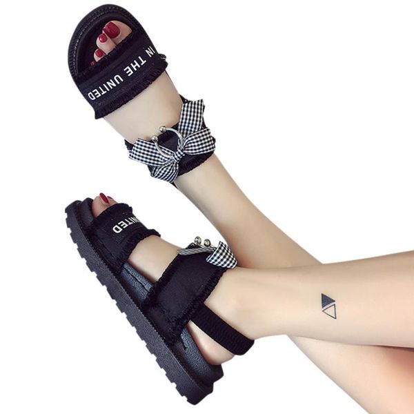 

sandals sagace women flat summer casual ladies bow-knot letter macrame laciness platform fashion non-slip females shoes, Black