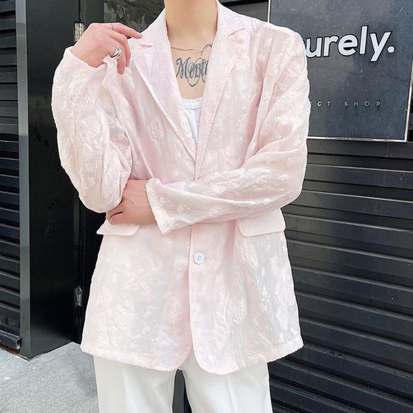 

men's suits & blazers male suit coat sun protection clothing embossed embroidery see through loose casual pink thin jacket, White;black