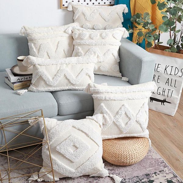 

cushion/decorative pillow boho tufted cushion cover 45x45cm/30x50cm tassel pillowcase handmade chenille white geometric throw decorative