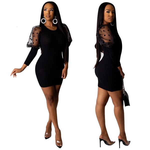 

women dot mesh panelled short es arrived long sleeves crew neck slim bodycon black white casual autumn, Black;gray