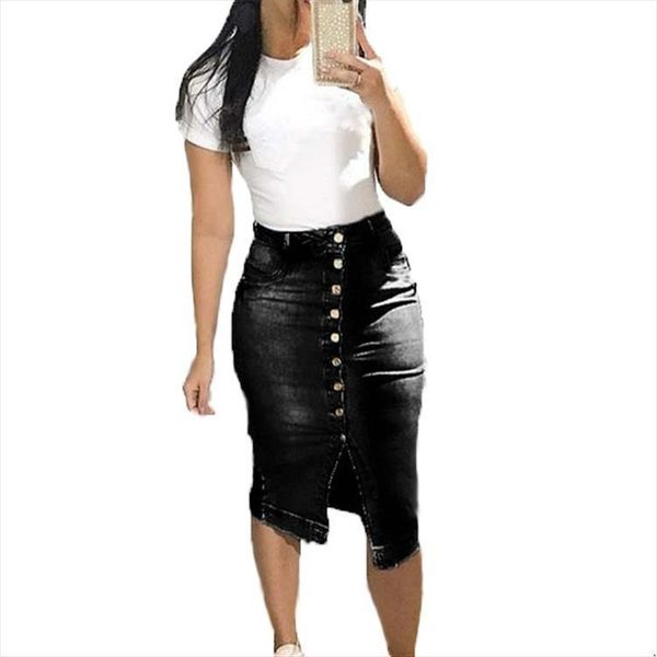

summer knee length denim slim women skirt bodycon button jeans faldas largas mujer, Black