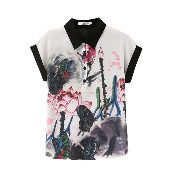 

ladies summer women turn down collar short sleeves chinese ink painting chiffon shirts female casual shirt 210428, White