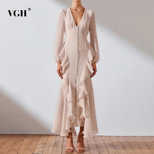 

vgh white patchwork ruffle dress for female v neck lantern sleeve high waist slim elegant dresses women fashion new clothes 210421, Black;gray