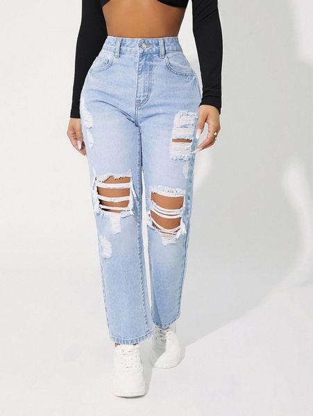 

petite high waist ripped straight leg jeans 23gl#, Blue