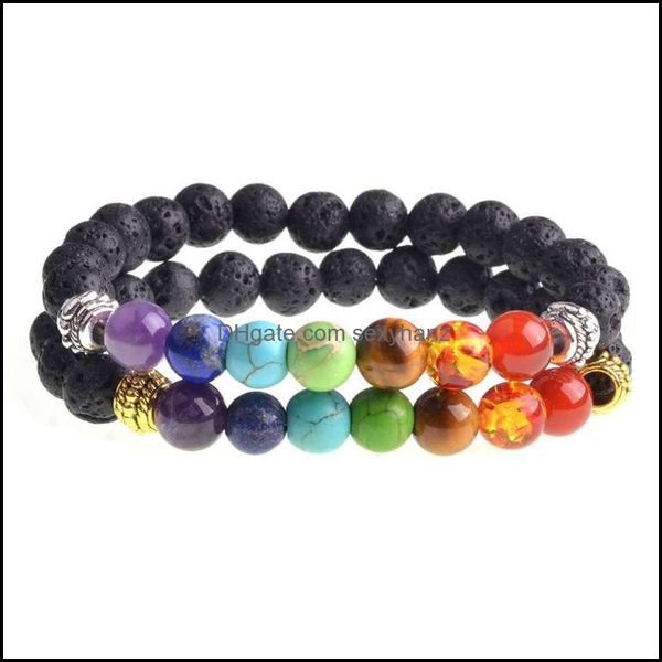 

beaded, black lava stone jewelry 7 chakra bracelets strands 8mm yinyang rock bead elastic natural stones gemstones yoga menditation beads fo