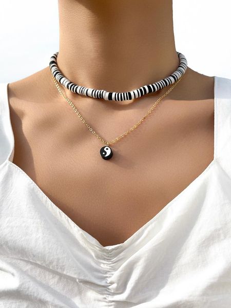 

stillgirl boho double layer gold chain tai chi clay pendant necklace for women kpop aesthetic couple choker y2k fashion jewelry necklaces, Silver