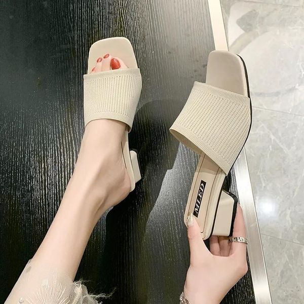 

slippers summer flip fops non-slip peep-toe slides designer sandals green stretch knitted fabric square heel women deib, Black