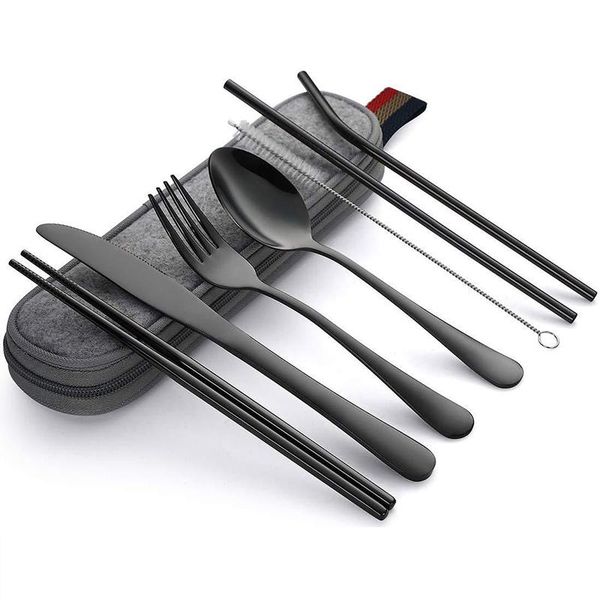 

spoons 7pcs/set cutlery set travel flatware reusable silverware with metal straw spoon fork chopsticks kitchen accessory case