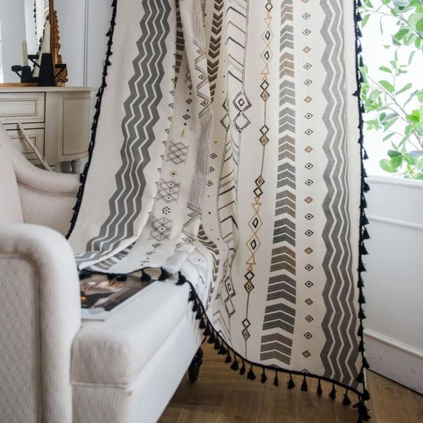 

cotton linen curtain finished printing geometric black tassel american bohemian kitchen bedroom cafe decorative cloth & drapes