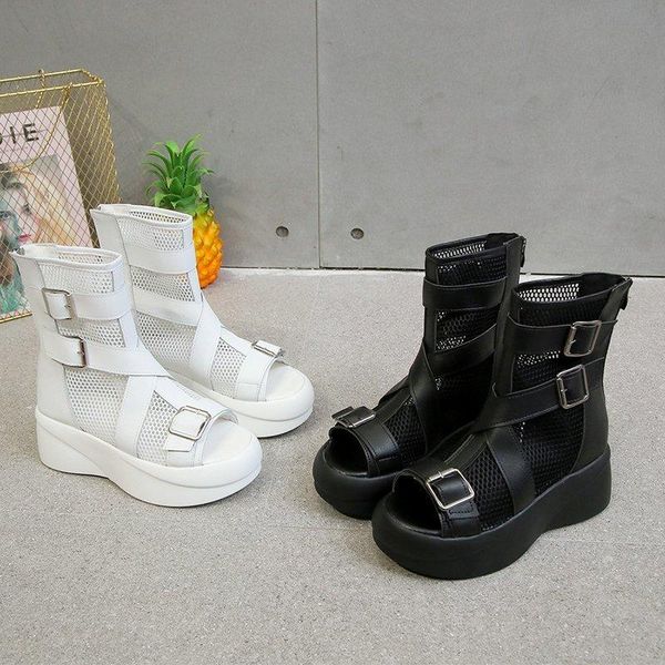 

boots 2021 cool women's leather summer high mesh shoes hollow out breathable soft pure casual sandals, Black