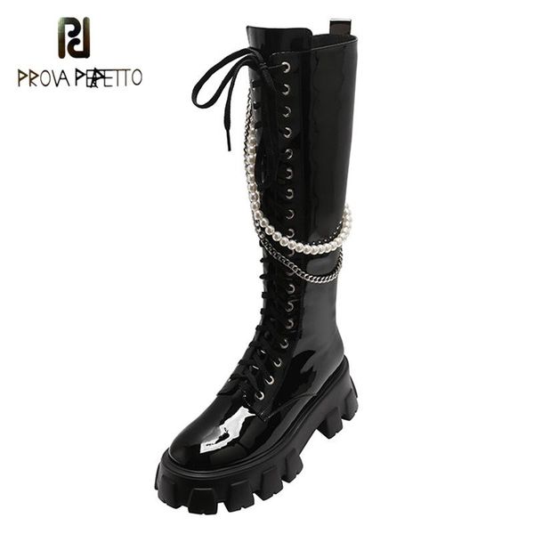 

boots but knee knight autumn and winter platform round toe thick-soled zipper lace up pearl chain high, Black