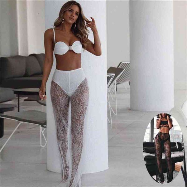 

see through lace bikini cover up pants beach wear women beach sheer bikini cover ups long trousers no underwear, White;black