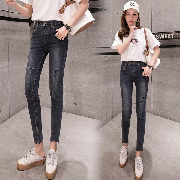 

women's jeans femme 2021 high waist skinny pants women hole slim denim pencil pant female lasies girls c5002#, Blue