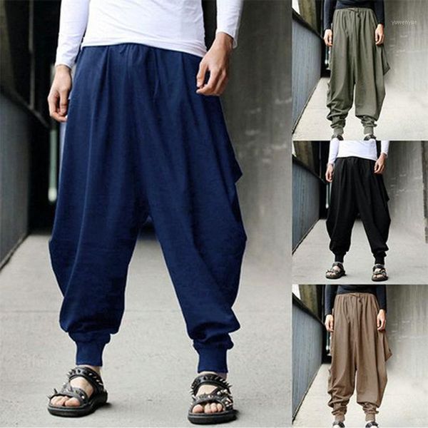 

fashion cotton harem pants men chinese style loose joggers trousers man's cross-pants crotch wide leg baggy men's, Black