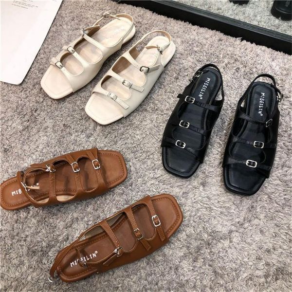 

square toe female sandal low-heeled shoes with strap two weare 2021 summer all-match girls fashion comfort casual sandals, Black