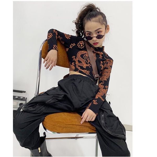 

kids girls dragon print long sleeve hip hop jazz dance clothes 2021 8 10 12 years t-shirts, Blue