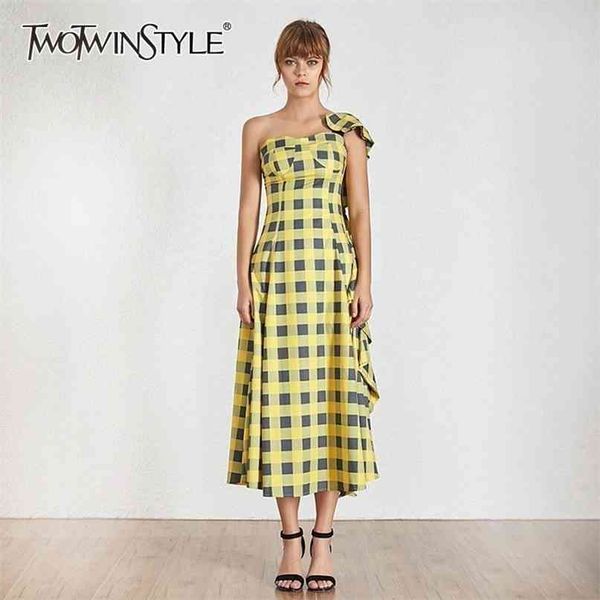 Ärmelloses asymmetrisches Frauenkleid Eine Schulter Hohe Taille Rüschen Plaid Midi Kleider Weibliche Mode Sommer 210520