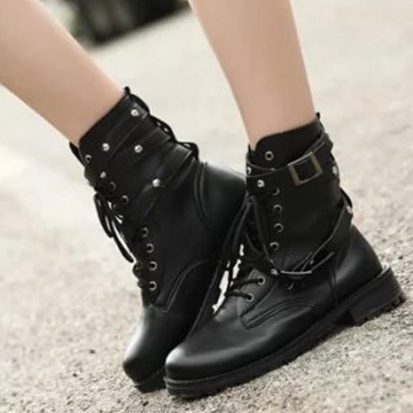 

boots fashion punk gothic style lace up belts round toe women shoes short street haulage motor mujer zapatos tyu78, Black