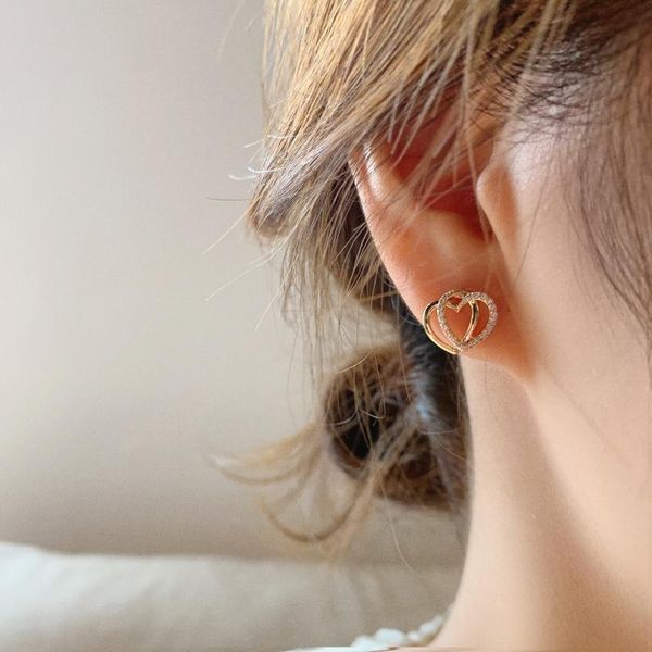 

stud korean design fashion jewelry exquisite copper inlay zircon double love girl cute earrings, Golden;silver