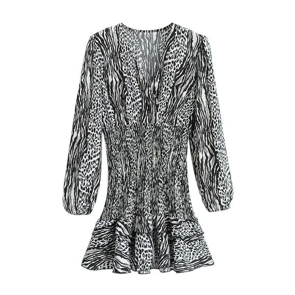 

women summer v-neck vintage mini dress long sleeve elasticity print leopard fashion female elegant party dresses vestidos casual, Black;gray