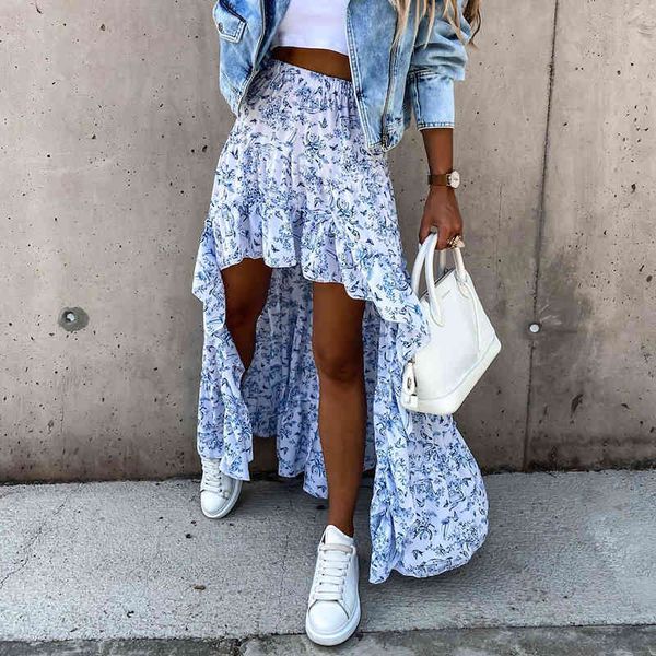 

women long skirt bohemian asymmetrical summer beach style floral printed high waist casual skirt ins new arrival skirt y2k 2021, Black