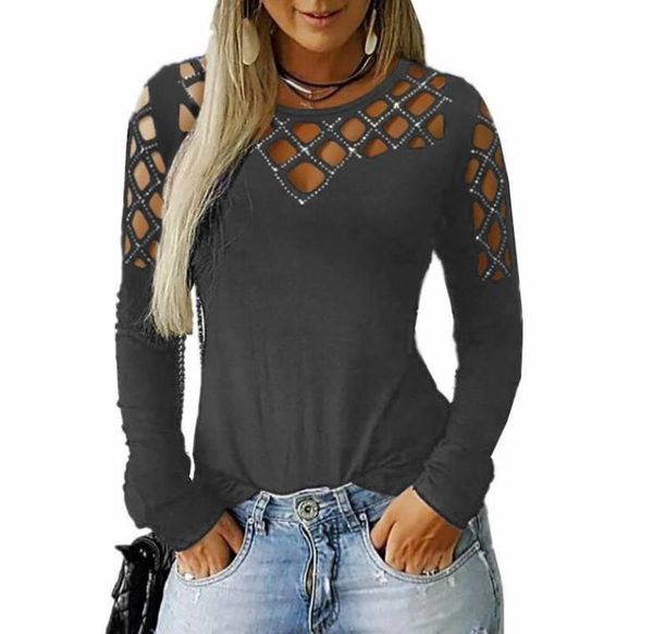 

women's polos femmes hauts et chemisiers grande taille vÃªtements mode dÃ©contractÃ© col rond creux-out cloutÃ© chemise Ã manches lon, White