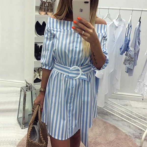 

casual dresses women autumn dress plus size one word collar mini party club long sleeve black white red blue stripe, Black;gray
