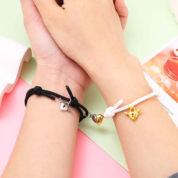 

cute heart charms connection couple bracelets handmade adjustable link lover relationship bracelet magnetic jewelry set wholesale valentine&, Black