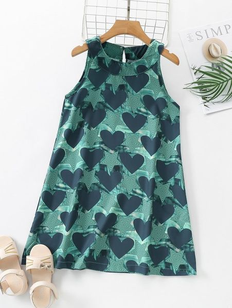 

girls heart & star print keyhole back dress she, Red;yellow