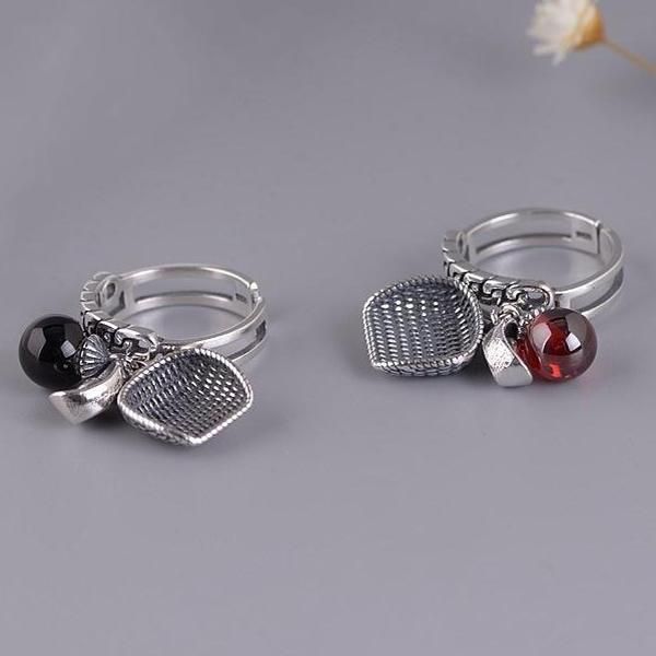 

cluster rings silver female chinese style retro ingot inlaid red black zircon charm opening adjustable advanced ring, Golden;silver