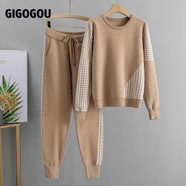 

gigogou houndstooth knit 2 piece set tracksuits fall winter women pullover sweater + carrot harem pants sporting suit female 210929, White