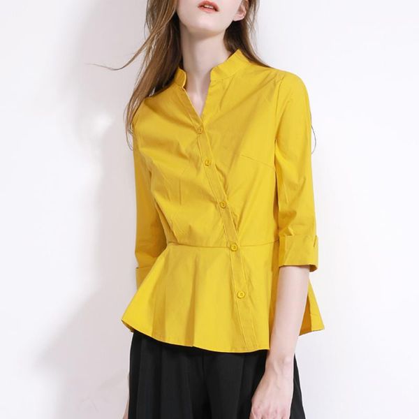

women's blouses & shirts summer spring women 3/4 sleeve v neck ruffles yellow white blouse , female woman slim 100% cotton ginger butt