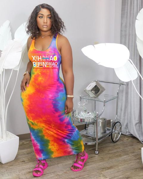 

ueteey dresses casual tie-dye letter print sologan women maxi dress, Black;gray