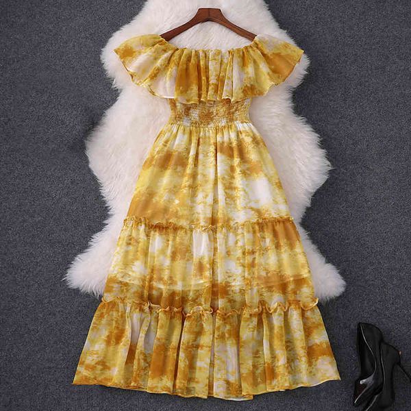

casual dresses spring sleeveless slash neck yellow print chiffon ruffle detail panelled mid-calf dress elegant mm1787085 9zxq, Black;gray