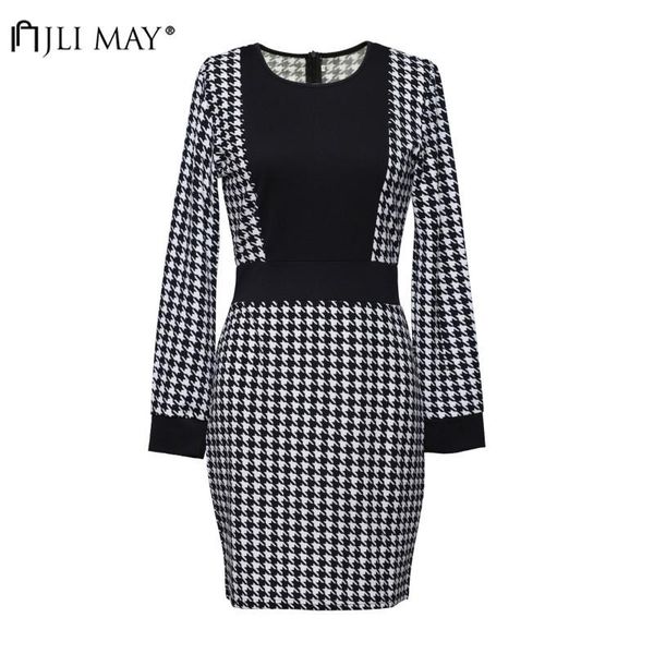 

casual dresses jli may patchwork thousand bird plaid dress autumn winter vintage women long sleeve slim o-neck office lady pencil, Black;gray