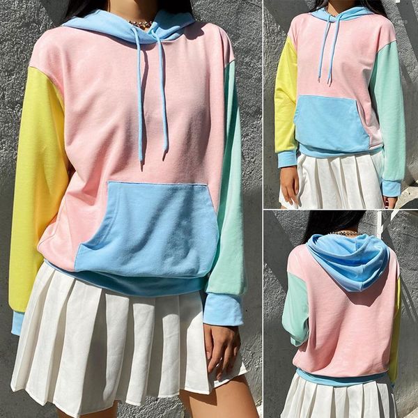 

women's hoodies & sweatshirts long sleeve oversize cute for women autumn fashion clothes macaron colorblock pullover sweatshirt, Black