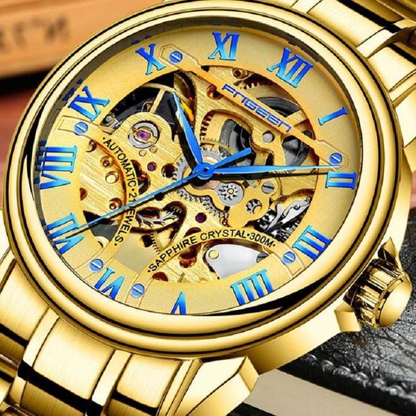 

wristwatches fngeen brand hollow automatic watch mechanical men gold wrist watches transparent skeleton business casual relogio masculino, Slivery;brown