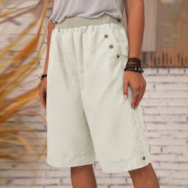 

women's shorts women solid cotton linen half-length 2021 summer casual ladies button pocket elastic waist loose wide-leg short trousers, White;black