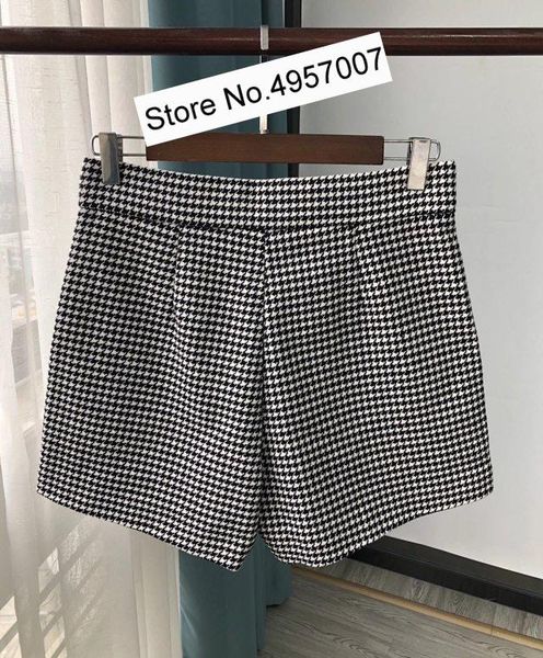 

elfstyle women white/black cotton & wool blend houndstooth high waist shorts - female 2021 fall winter latest style short pants women's
