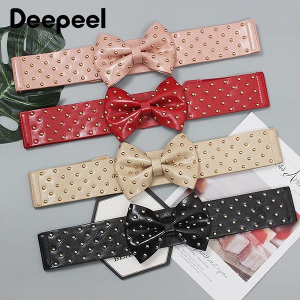 

belts 1pc 6*66cm pu leather cummerbunds bowknot rivet decoration female waist corset luxury woman elastic belt, Black;brown