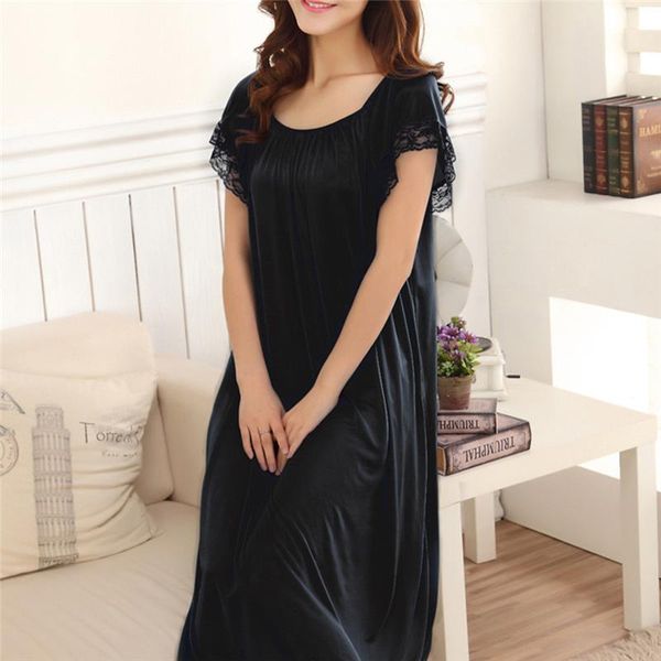 

night gowns lace patchwork womens sleepwears nightwear long sleeping dress casual home dressing, Black;red