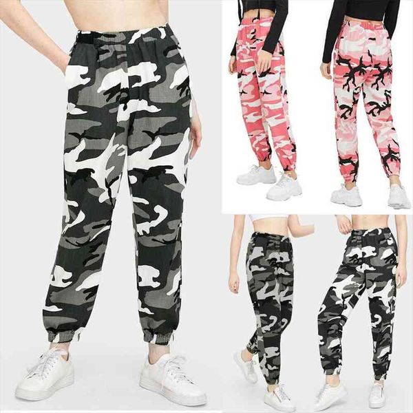 

womens camouflage pants cargo camo military loose elastic waist long trousers ladies fashion sport casual street hip hop, Black;white
