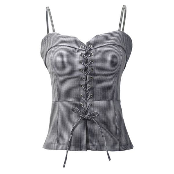 

gray camis plaid sleeveless strap solid lace up v neck bodycon women female b0137 210514, White