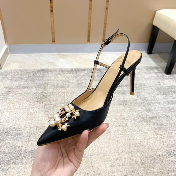 

sandals summer pearl small fragrant wind pointed stiletto high-heeled white bridal wedding shoes leather banquet dress female, Black